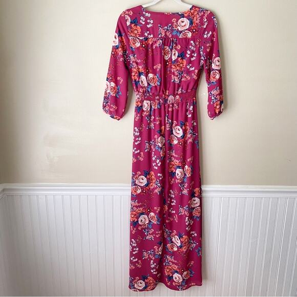 Pink Lily Boutique | Floral Maxi Dress V-neck Side Slit Berry Red Small - Picture 8 of 10